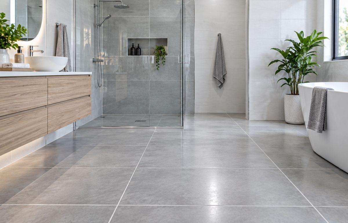 Bright bathroom with clean tiled surfaces