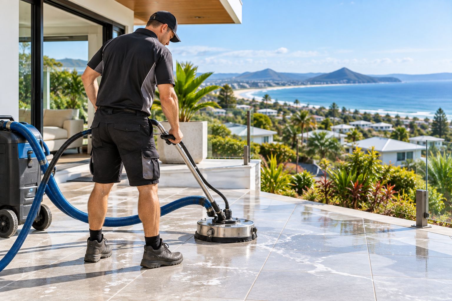 Technician cleaning an outdoor tiled terrace overlooking a Sunshine Coast beach