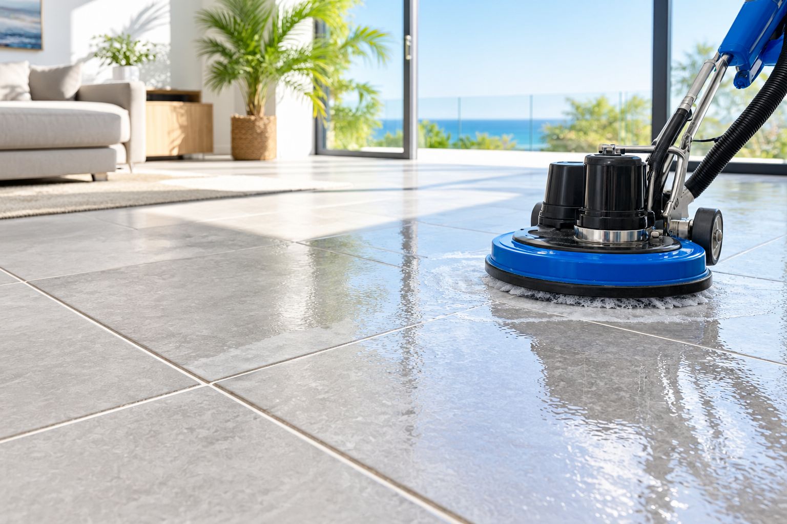 Professional tile cleaning machine restoring a grey tiled floor