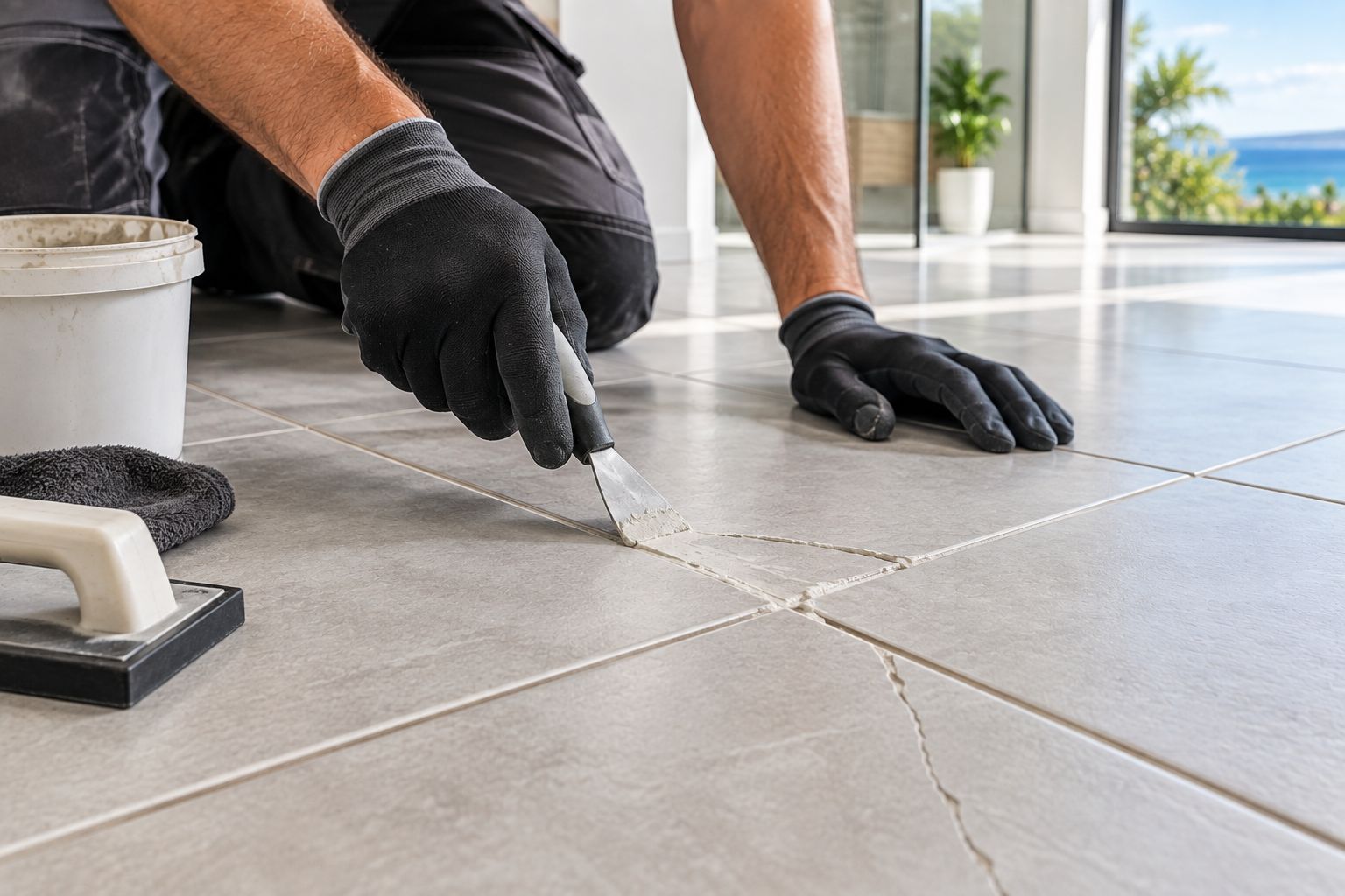 Technician repairing cracked grout lines on a tiled floor