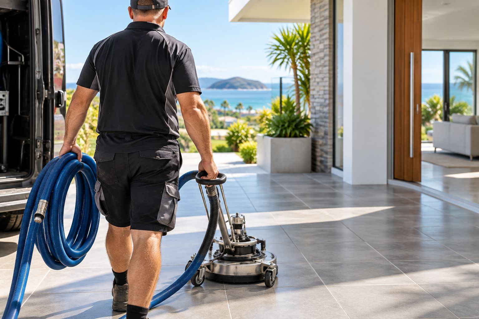 Strictly Grout technician carrying equipment into a tiled coastal home