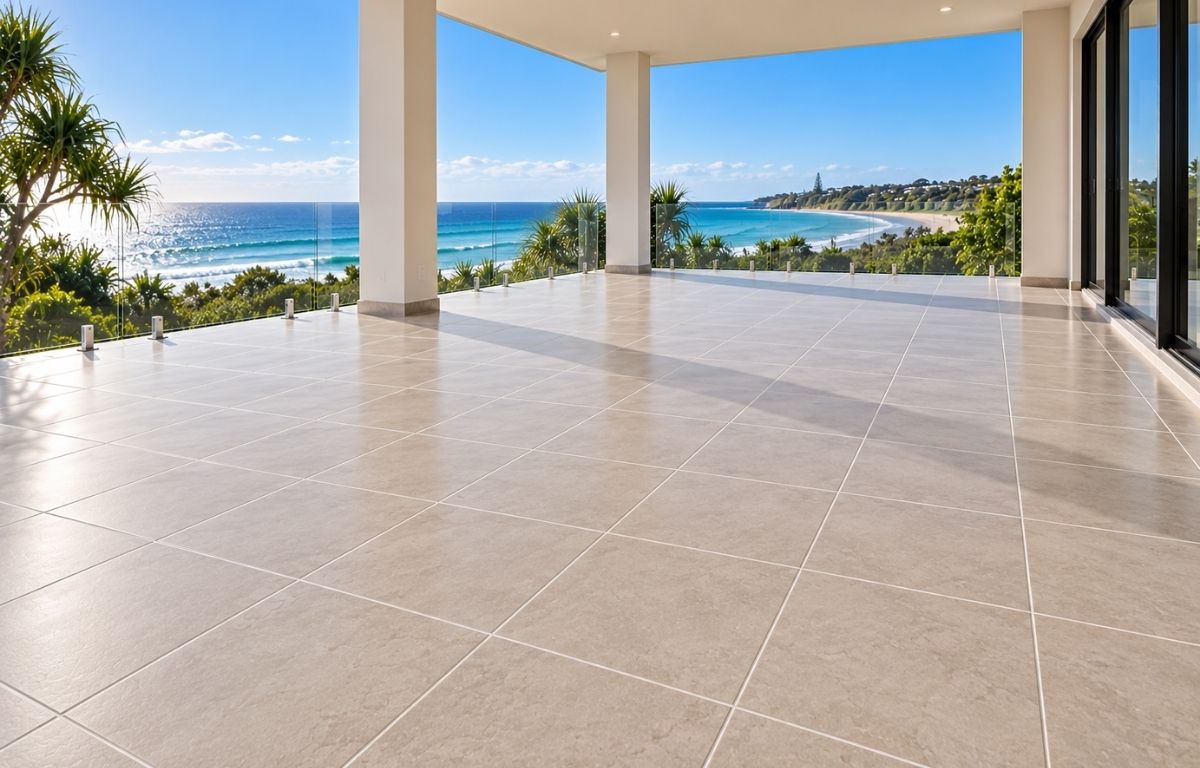 Large light grey tiled terrace overlooking the Sunshine Coast ocean