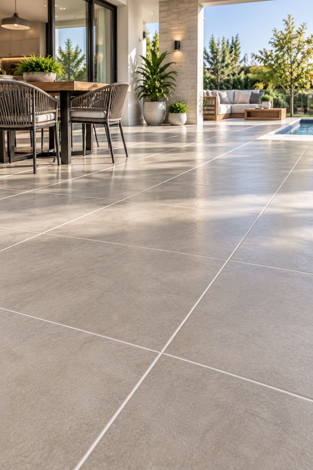 Clean tiled outdoor entertaining area beside a pool