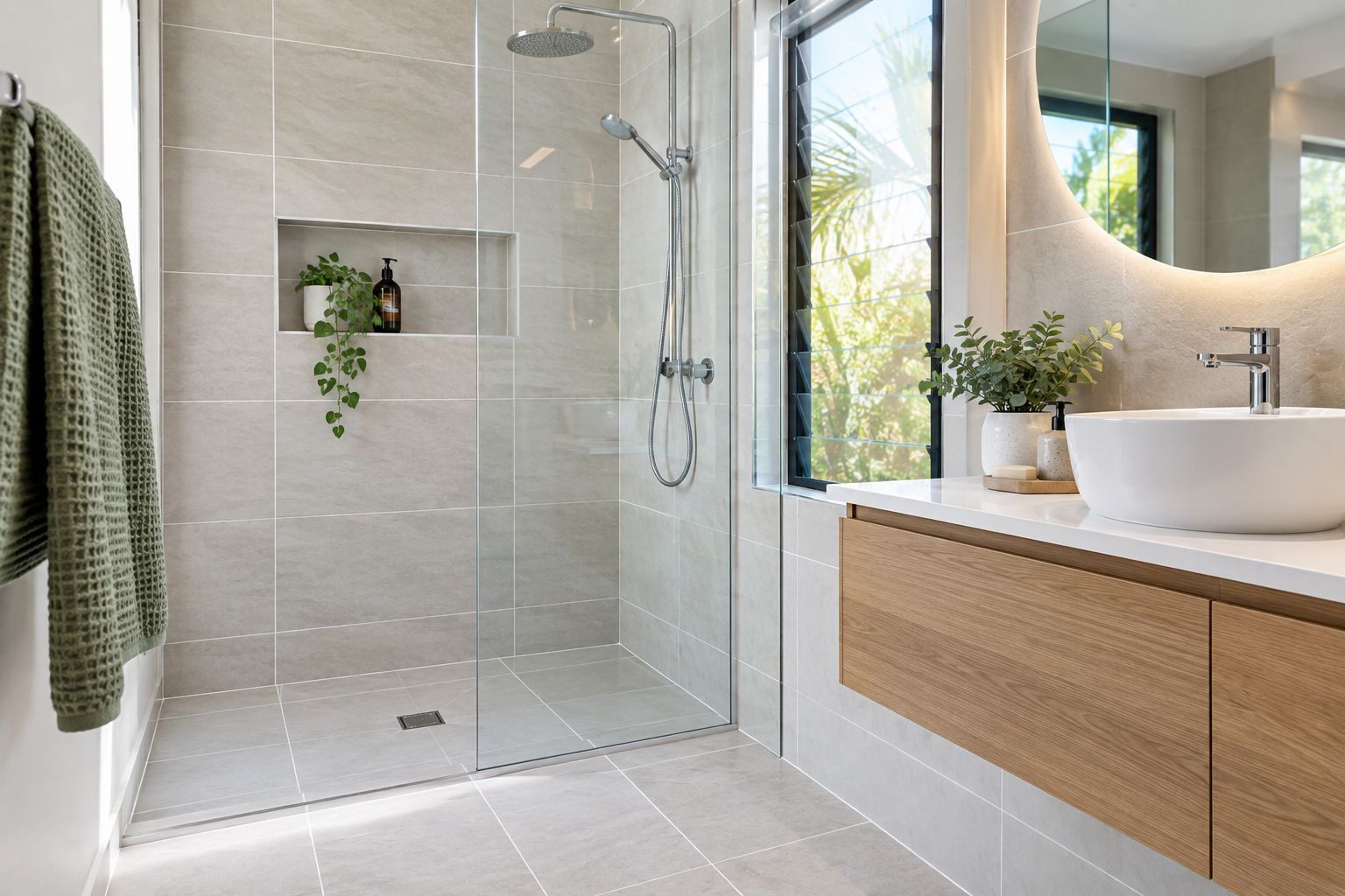Modern walk-in shower with clean grout lines
